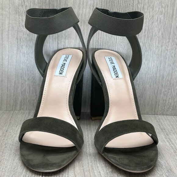 Steve Madden Celebrate Heeled Sandal Womens 9.5M Elastic Ankle Strap Suede Olive - Picture 4 of 13